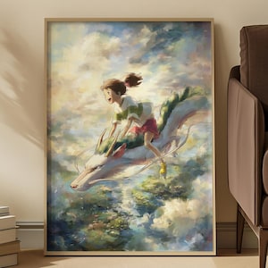 Abstract Spirited Away Wall Art Dragon Ride Anime Poster Studio Ghibli Inspired Print Fantasy Sky Scene Japanese Animation Home Decor Gift