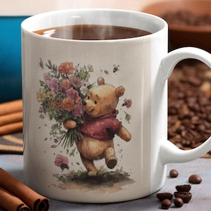 Cute Pooh Bear Coffee Mug With Colorful Flowers And Bees Gift For Winnie The Pooh Fans Birthday Mothers Day Watercolor Style Nature Lovers