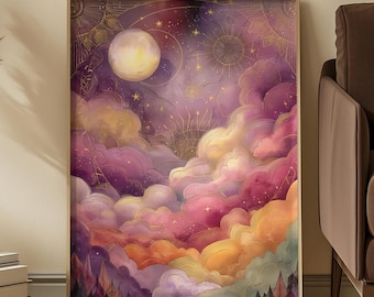 Celestial Moon Art Print: Gold Starry Sky, Pink Purple Clouds