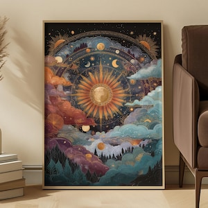 Celestial Art Print: Gold Sun, Moon, Stars - Cosmic Wall Decor