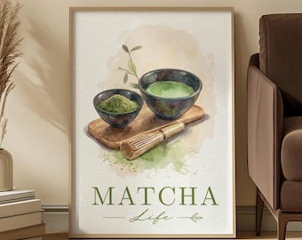 Watercolour Matcha Tea Art Print: Green Calm Minimal Kitchen Ritual Scene