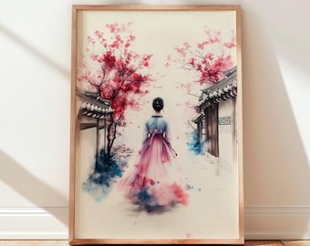 Impressão artística de Hanbok coreano: Flor rosa, decoração tradicional asiática.