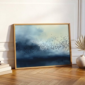 Abstract Ink Wash Crow Murmuration Art Print: Deep Blue Atmospheric Sky image 1