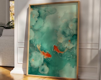 Watercolor Koi Fish Art Print: Teal Lotus Pond Calm Nature Scene