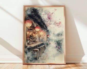Lámina artística en acuarela de un café callejero japonés: Escena de un callejón con faroles en tonos rosa suave y cálido.