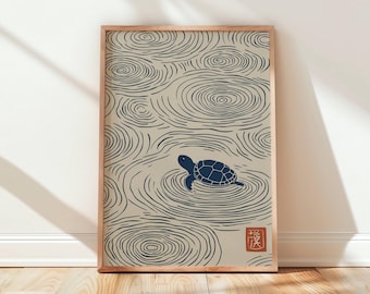 Japanese Minimal Turtle Art Print: Blue Beige Calm Ripple Water Scene