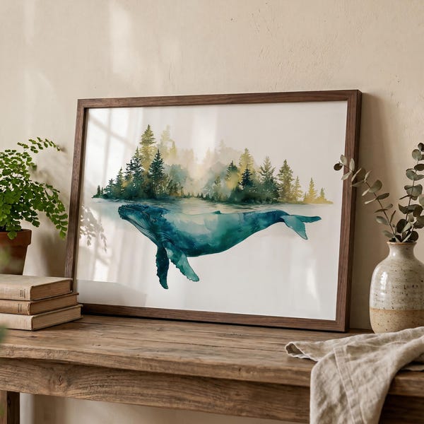 Watercolor Whale Forest Print: Minimalist Ocean Art, Modern Home Decor