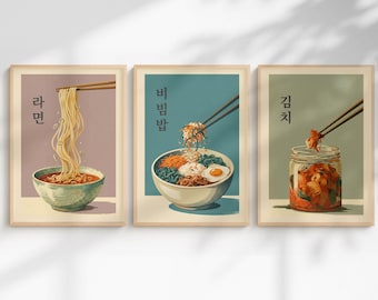 Conjunto de 3 pôsteres artísticos de Ramyeon, Bibimbap e Kimchi coreanos: Cena de cozinha suave, neutra e tranquila.