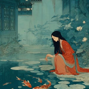 May include: An illustration of a woman in a red and orange traditional dress, kneeling by a pond with koi fish. The scene is set in a traditional Asian garden with buildings and water lilies.