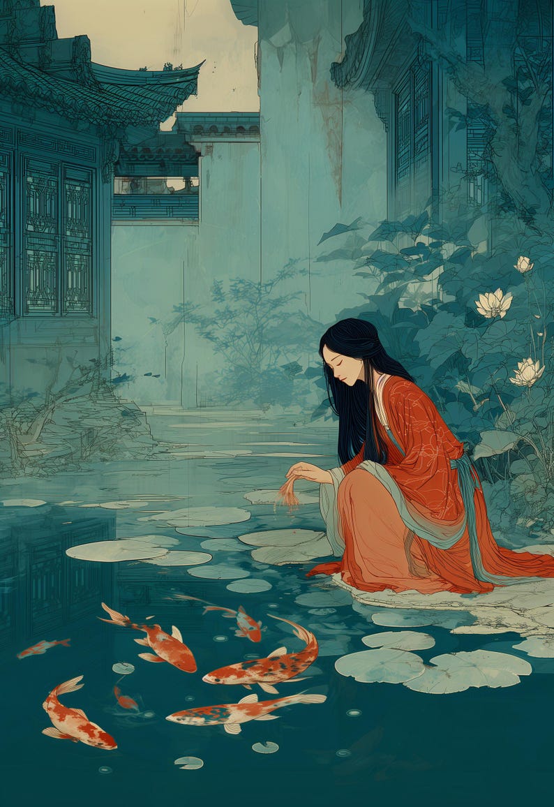 May include: An illustration of a woman in a red and orange traditional dress, kneeling by a pond with koi fish. The scene is set in a traditional Asian garden with buildings and water lilies.