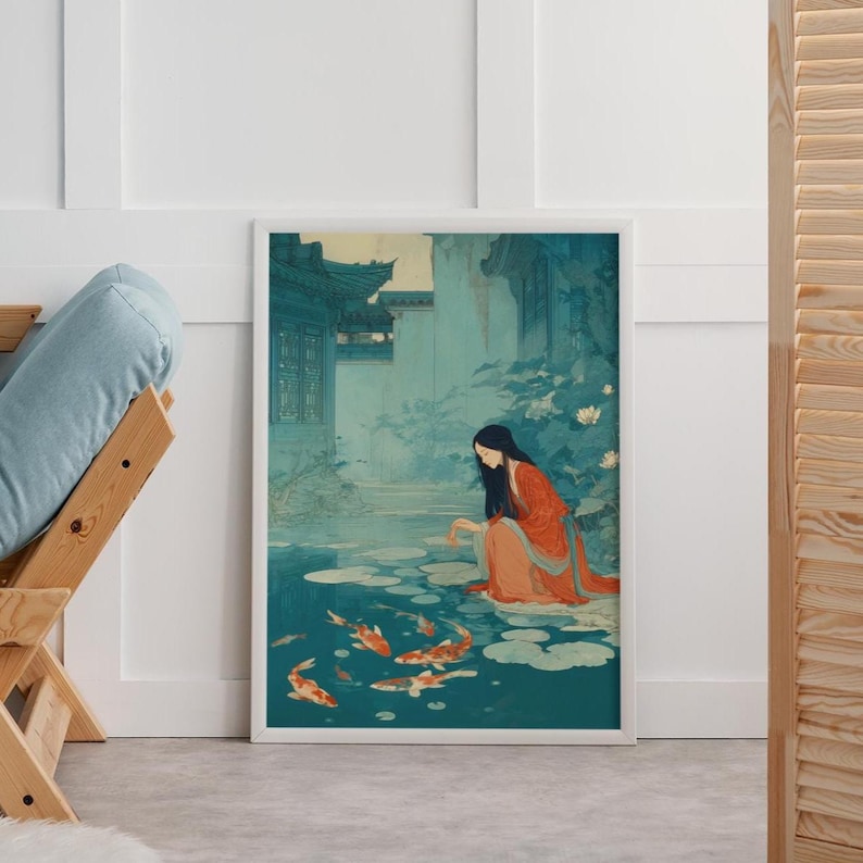 Chinese Woman Koi Pond Art Print, Asian Style Decor image 3