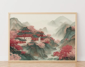 Chinese Temple Art Print | Cherry Blossom Mountain Landscape (Framed Option)