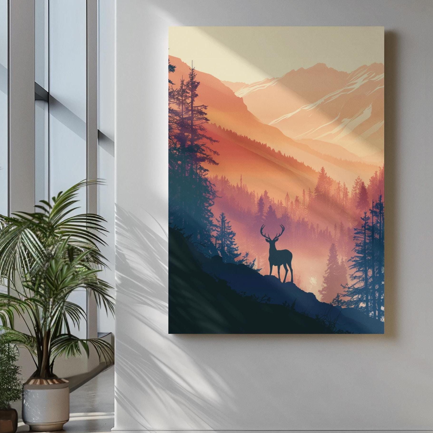 Deer in Misty Forest Art Print: Cabin Lodge Wall Decor - Etsy