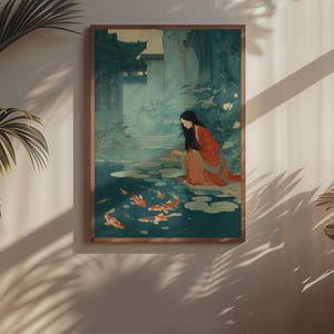 Chinese Woman Koi Pond Art Print, Asian Style Decor image 9
