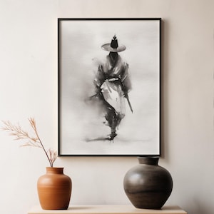 Pode incluir: Uma pintura a tinta preta e branca emoldurada retratando uma figura com um chap&eacute;u de abas largas e vestes tradicionais, renderizada com pinceladas fluidas e expressivas que criam uma sensa&ccedil;&atilde;o de movimento e profundidade sobre um fundo claro.