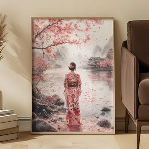 Japanese Watercolor Kimono Figure Art Print: Soft Pink Serene Cherry Blossom Scene
