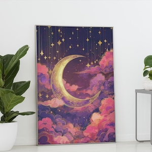 Celestial Dusty Pink Crescent Moon Art Print: Purple Gold Dreamy Night Sky Scene image 1
