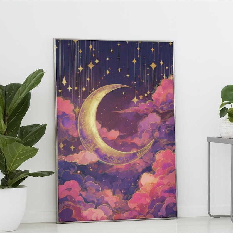 Celestial Dusty Pink Crescent Moon Art Print: Purple Gold Dreamy Night Sky Scene image 1