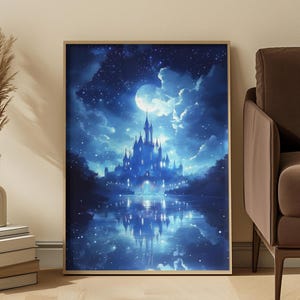 May include: A framed print showing a fantasy castle at night. The image features a grand castle with multiple towers, lit with blue light, reflected in the water. The night sky is filled with stars and a large moon.