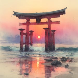 May include: Watercolor painting of a red torii gate standing in the ocean at sunset. The sun is a bright orange orb, reflecting on the wet sand and water. The sky transitions from orange to pink.