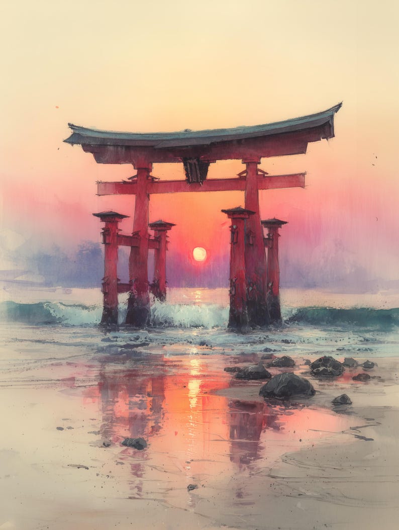 May include: Watercolor painting of a red torii gate standing in the ocean at sunset. The sun is a bright orange orb, reflecting on the wet sand and water. The sky transitions from orange to pink.