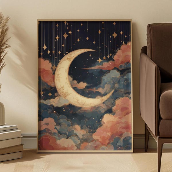 Art Deco Crescent Moon Art Print: Gold Dreamy Night Sky