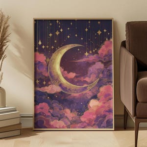 Celestial Dusty Pink Crescent Moon Art Print: Purple Gold Dreamy Night Sky Scene image 2