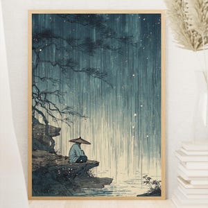 Japanischer Regen Meditations-Wand-Kunst-friedlicher Regenschirm-Abbildung durch Fluss-Druck-ruhige Zen-Landschaftsplakat für Hauptdekor