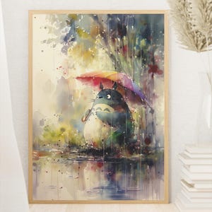 Stampa artistica con acquerello di Totoro, pioggia colorata dello Studio Ghibli, poster per cameretta dei bambini, decorazione da parete ispirata agli anime e alla natura stravagante.
