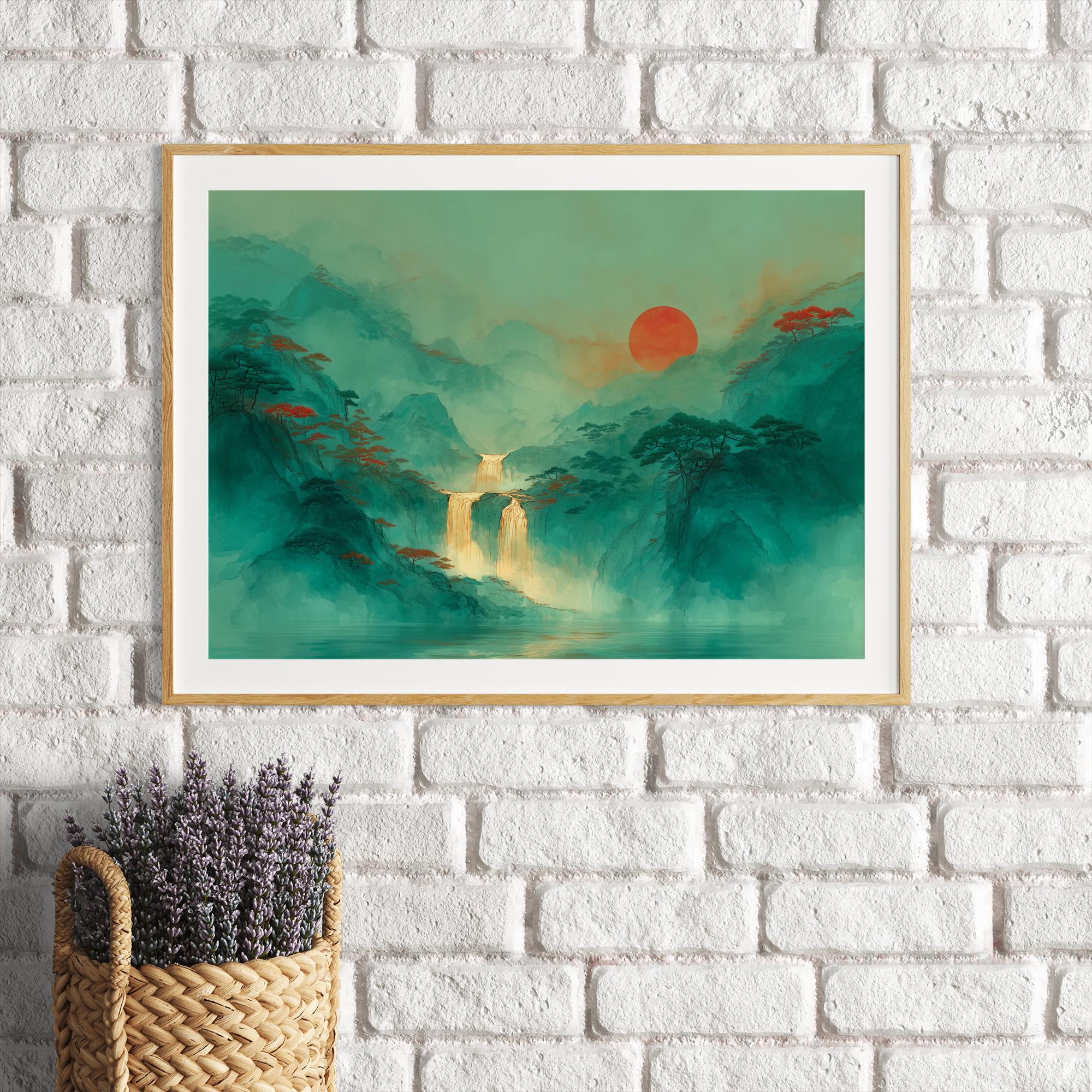 Asian Waterfall Art Print: Green Mountain Sunset Landscape - Etsy