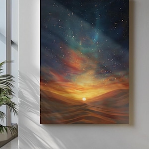 May include: A canvas print depicting a desert landscape under a starry night sky. The artwork features a vibrant sunset with shades of orange, yellow, and red, contrasted by a dark blue and teal sky filled with stars. The desert dunes are in the foreground.