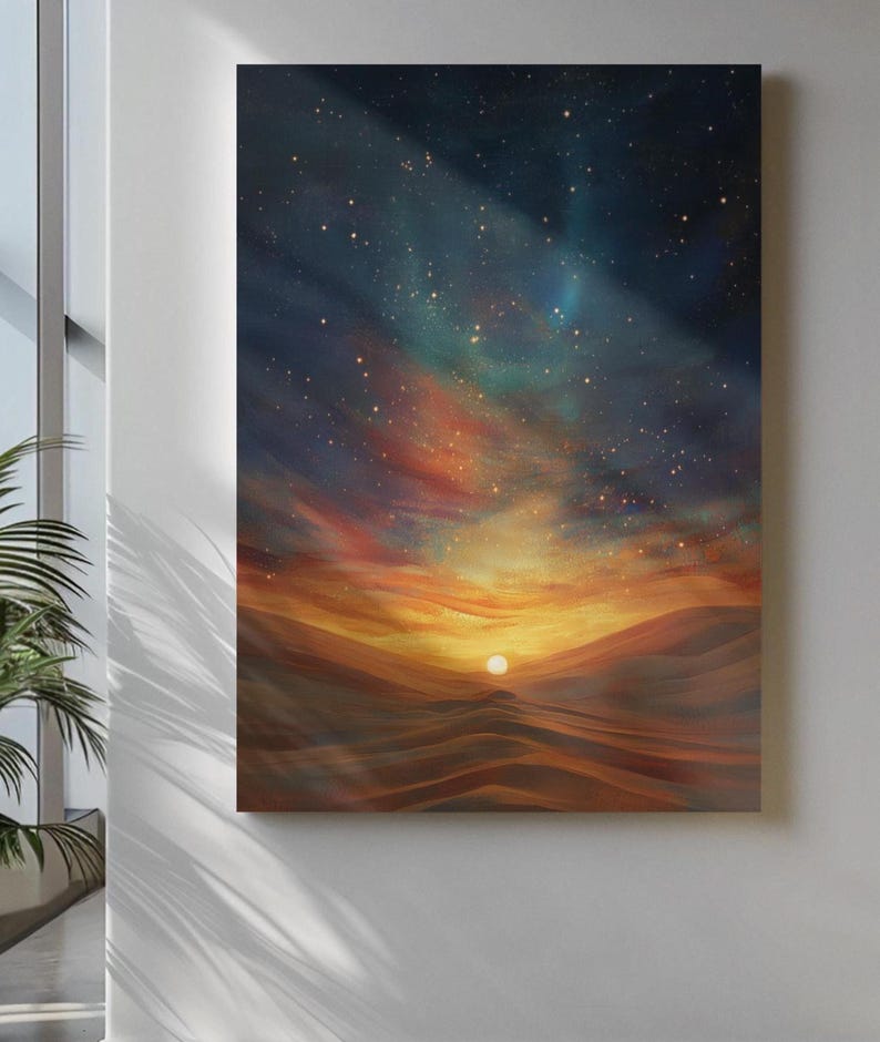 May include: A canvas print depicting a desert landscape under a starry night sky. The artwork features a vibrant sunset with shades of orange, yellow, and red, contrasted by a dark blue and teal sky filled with stars. The desert dunes are in the foreground.