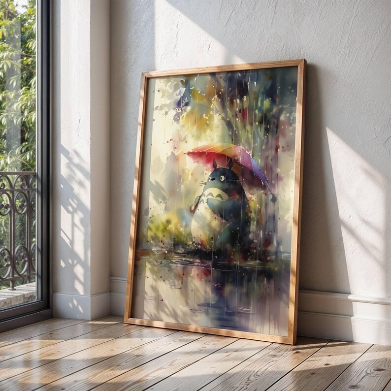 Colourful Totoro Rain Art Print Watercolour Poster for Nursery or Kids Room Whimsical Nature Anime Inspired Studio Ghibli Wall Decor image 8