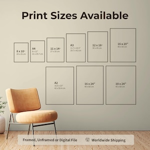 Pode incluir: Um gr&aacute;fico intitulado Print Sizes Available exibe onze contornos retangulares com dimens&otilde;es em polegadas e cent&iacute;metros, variando de 8x10 polegadas a 18x24 polegadas. Abaixo, o texto diz Framed, Unframed or Digital File e Worldwide Shipping.