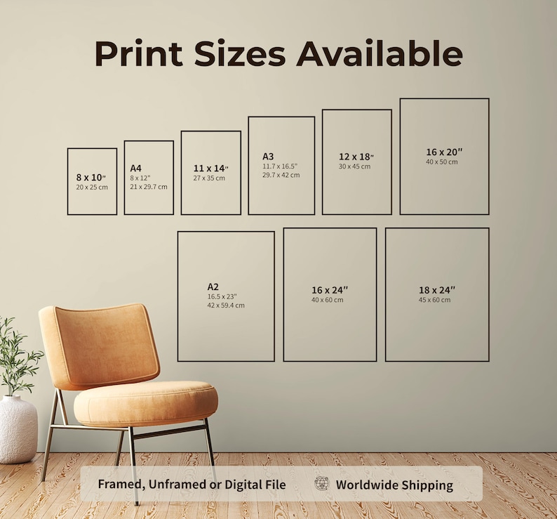 Pode incluir: Um gr&aacute;fico intitulado Print Sizes Available exibe onze contornos retangulares com dimens&otilde;es em polegadas e cent&iacute;metros, variando de 8x10 polegadas a 18x24 polegadas. Abaixo, o texto diz Framed, Unframed or Digital File e Worldwide Shipping.
