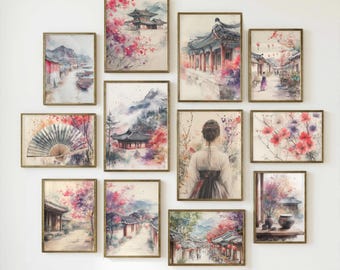 Conjunto de 12 pôsteres de arte em aquarela coreana: Arquitetura Hanok, Flores de Cerejeira