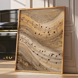 Stampa artistica con note musicali astratte: composizione in movimento calmo e caldo color oro