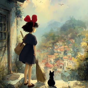 May include: An illustration of a young girl with a red bow, wearing a dark blue dress, standing with a broom and a black cat. The girl is looking out over a town with red-tiled roofs and green hills under a bright sky.