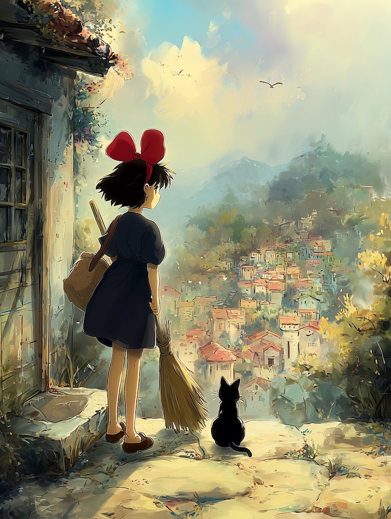 May include: An illustration of a young girl with a red bow, wearing a dark blue dress, standing with a broom and a black cat. The girl is looking out over a town with red-tiled roofs and green hills under a bright sky.