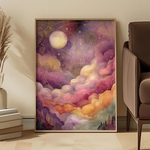 Puede incluir: Una impresión de arte mural rectangular que muestra una escena celestial con una gran luna pálida, motivos de rayos de sol dorados y nubes arremolinadas en tonos morados, rosas y naranjas, con estrellas dispersas y siluetas de árboles.