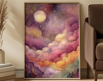 May include: A rectangular wall art print featuring a celestial scene with a large pale moon, golden sunburst motifs, and swirling clouds in shades of purple, pink, and orange. The composition includes scattered stars and dark silhouettes of trees.
