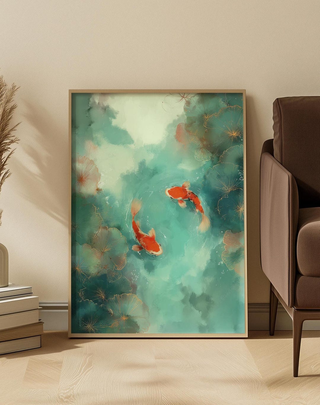 Japanese Koi Fish Art Print: Teal Red Serene Water Pond Scene - Etsy