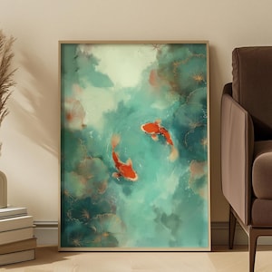 Lámina artística japonesa de peces koi: Escena de estanque de agua serena en tonos azul verdoso y rojo.
