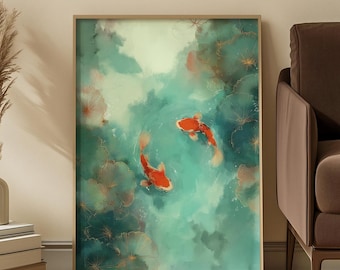 Japanese Koi Fish Art Print: Teal Red Serene Water Pond Scene