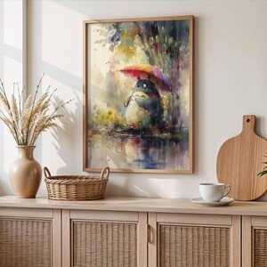 Colourful Totoro Rain Art Print Watercolour Poster for Nursery or Kids Room Whimsical Nature Anime Inspired Studio Ghibli Wall Decor image 4
