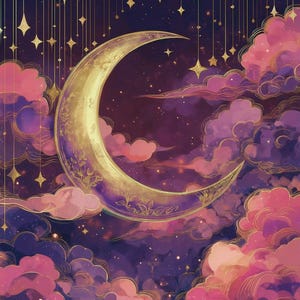 May include: An illustration of a crescent moon with gold floral detailing, set against a backdrop of a starry night sky. Pink and purple clouds surround the moon, with gold stars and lines adding to the celestial theme. The artwork evokes a dreamy, whimsical atmosphere.