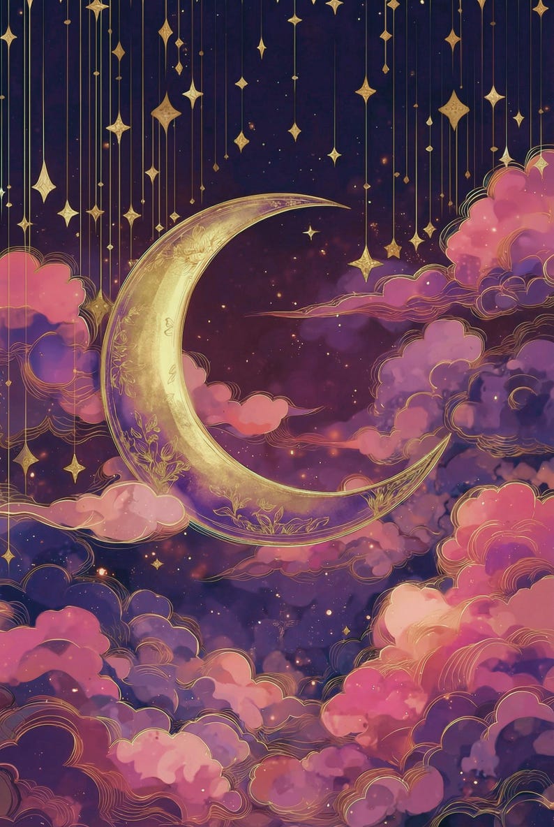 May include: An illustration of a crescent moon with gold floral detailing, set against a backdrop of a starry night sky. Pink and purple clouds surround the moon, with gold stars and lines adding to the celestial theme. The artwork evokes a dreamy, whimsical atmosphere.