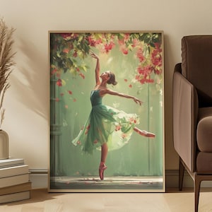 Whimsical Ballerina Art Print: Green Dress, Floral Cascade image 1