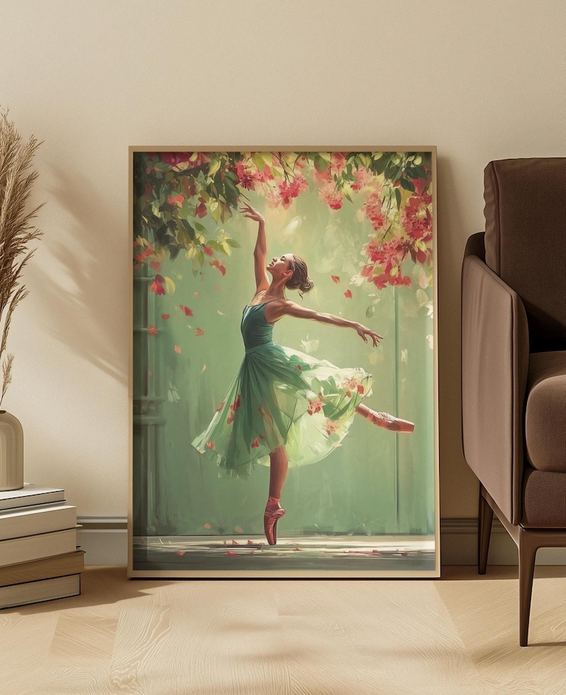 Whimsical Ballerina Art Print: Green Dress, Floral Cascade image 1