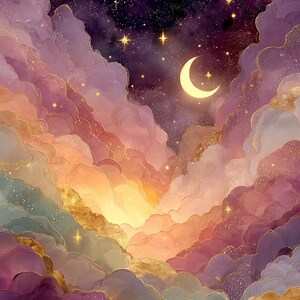 Puede incluir: Una ilustraci&oacute;n digital de un cielo nocturno con una luna creciente amarilla brillante y estrellas centelleantes sobre nubes de color violeta oscuro. Las nubes est&aacute;n superpuestas con suaves degradados de naranja y oro, creando un efecto luminoso.